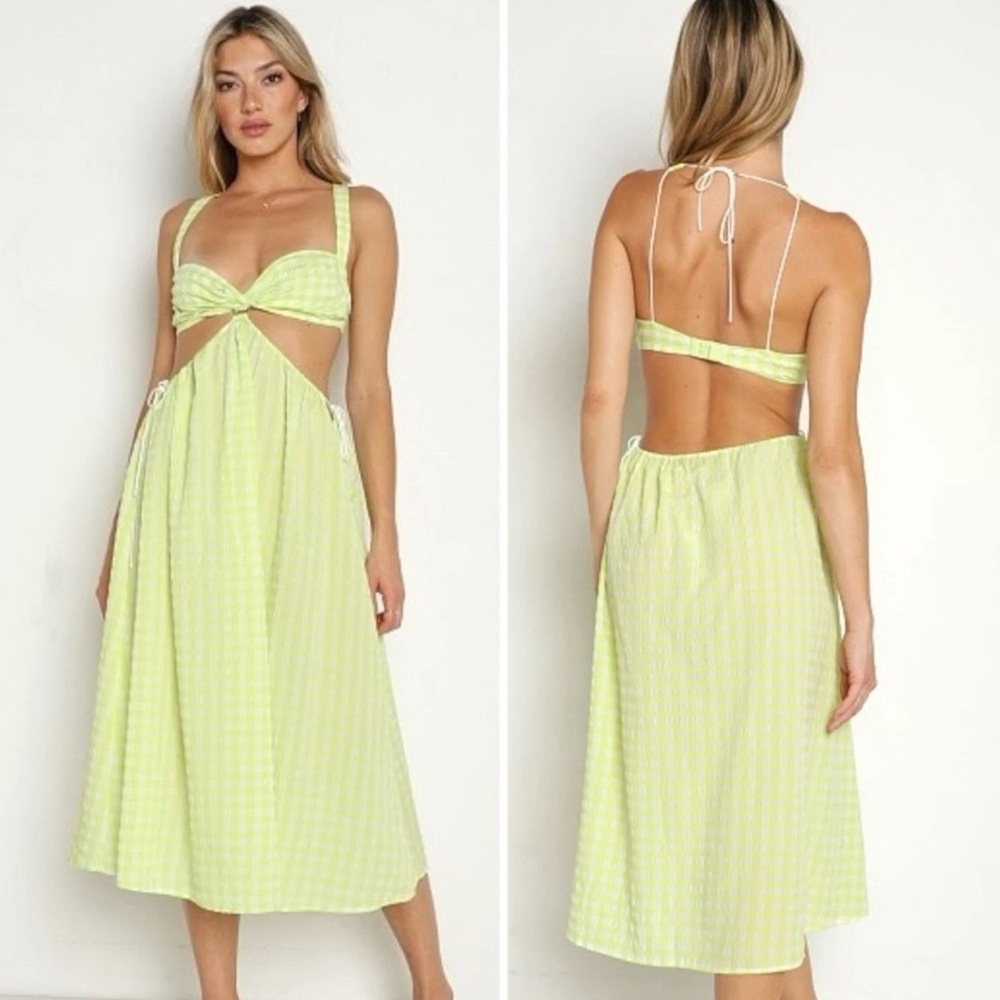 NWT For Love & Lemons Maureen Midi Dress Green Gingham Cutout Tie Back, Size XL